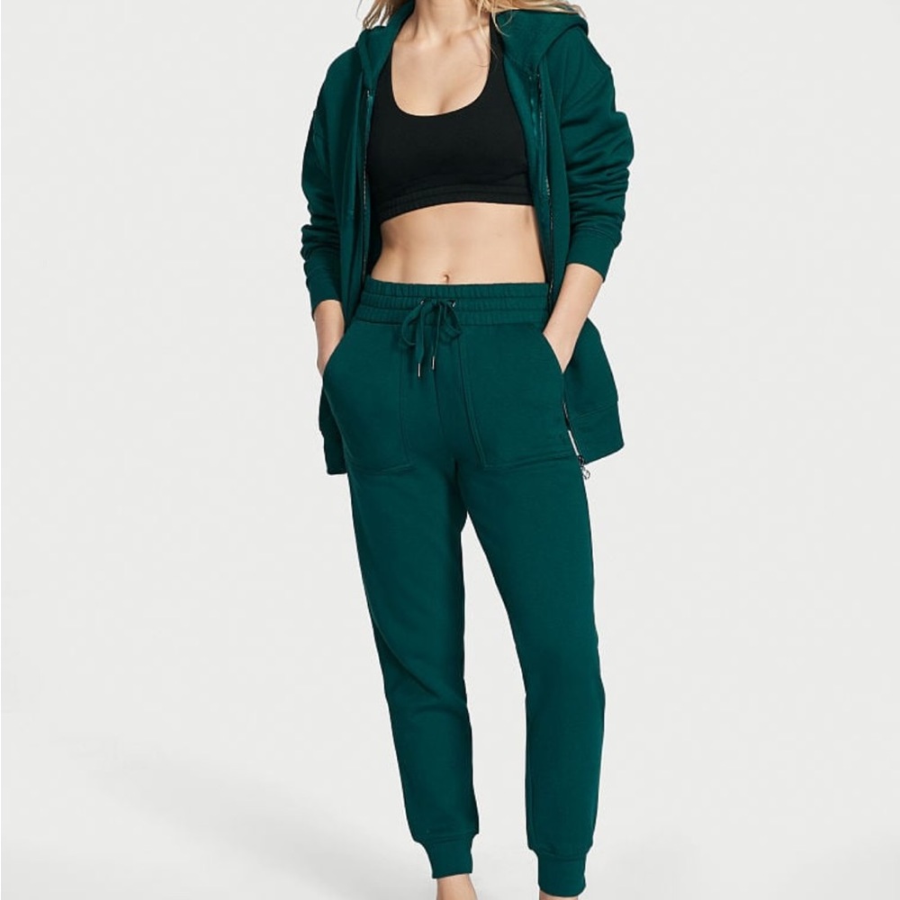 2Pc Warm M VICTORIA'S SECRET Cotton Fleece High Rise Jogger+Hoodie Deepest Green